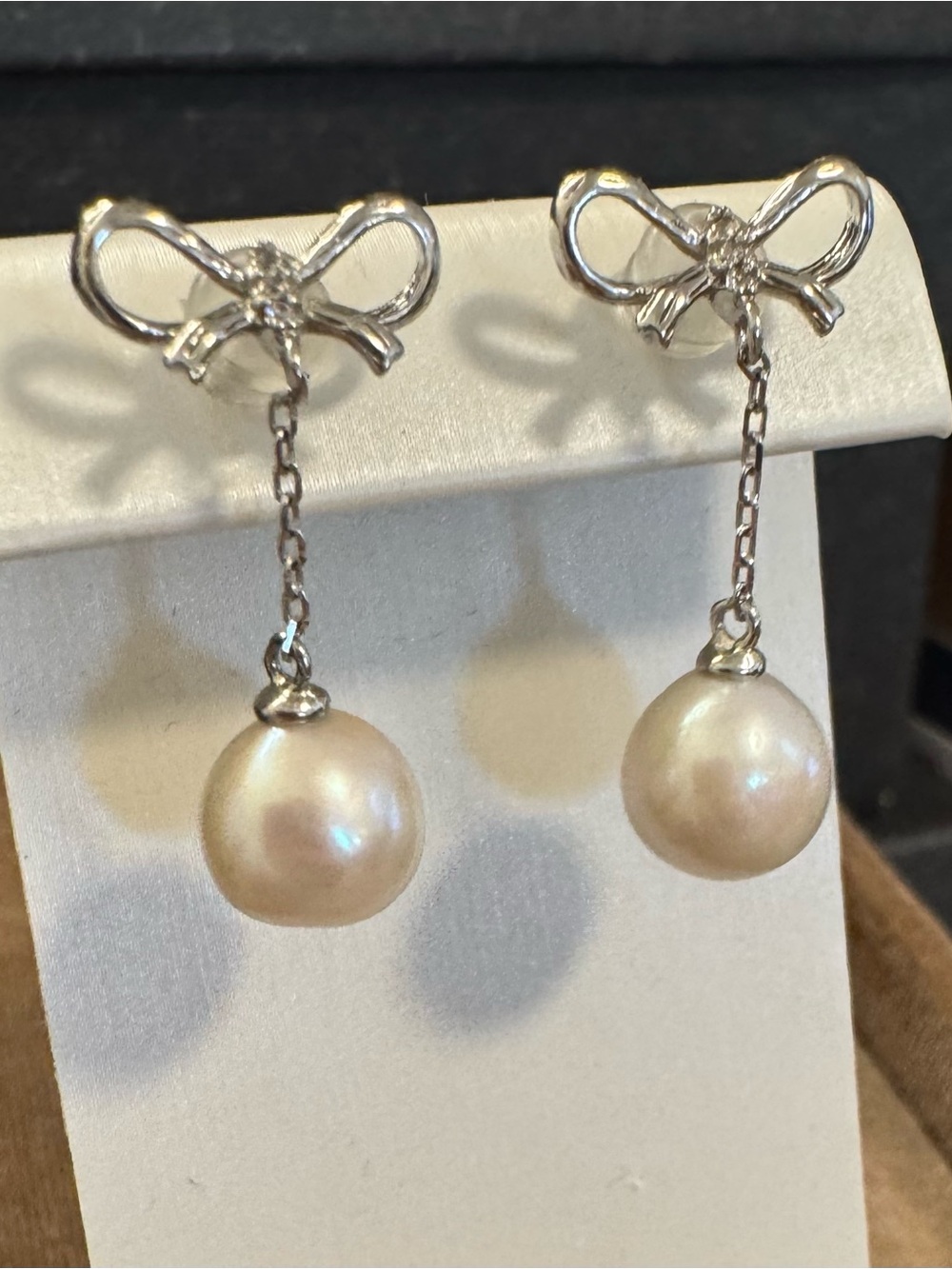 S925 silver bow pearl dangle earrings dangly cz studs white freshwater